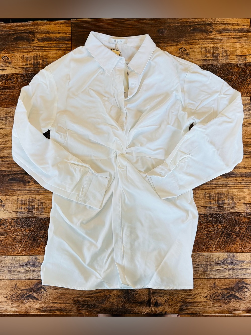MULLA White Blouse button Front Twist Waist Long Sleeve Collared Top NWT S